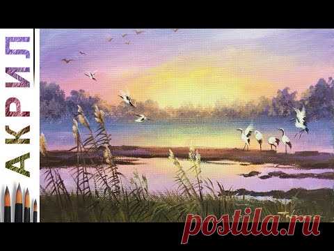 Сиреневый закат. Аисты. Как нарисовать пейзаж 🎨АКРИЛ! Сезон 6-6 | Мастер-класс ДЕМО