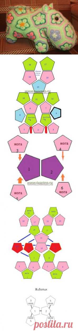 Как связать бегемота крючком из мотивов | Творим- не ленимся!)))Творим- не ленимся!)))