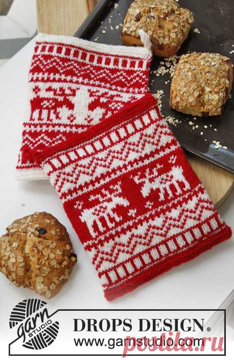 Oh Deer - Gebreide DROPS pannenlap voor Kerst met Noors patroon van “Muskat”. - Free pattern by DROPS Design