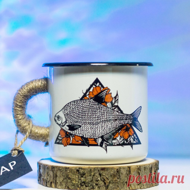 Купить белую эмалированную кружку Лещ от Iron mug TRAP | Mellroot