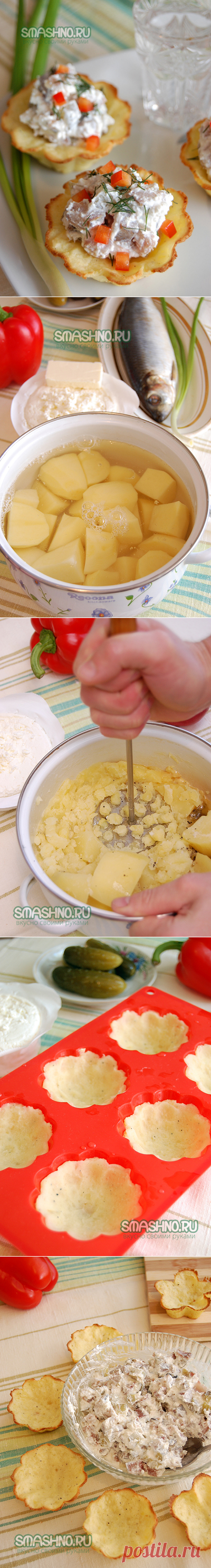 Картофельные тарталетки с огурчиками и селедочкой.