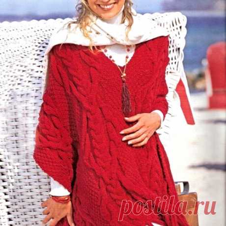 Красное пончо с &quot;косами&quot;