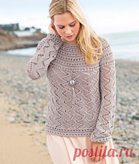 Джемпер с ажурным узором и круглой кокеткой спицами — HandMade