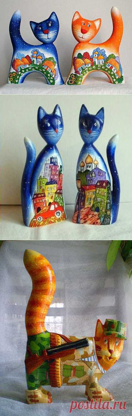 Деревянные коты Виталия Корякина :: Коты и кошки - рисунок, графика, живопись