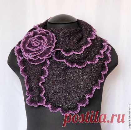 Купить Мини-шаль бактус "Ночная фиалка" и брошь-роза - черный, шаль нарядная