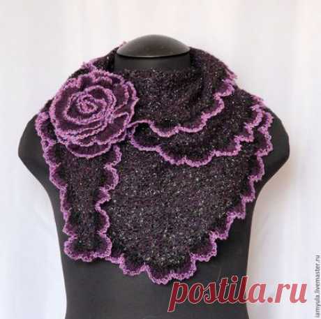 Купить Мини-шаль бактус &quot;Ночная фиалка&quot; и брошь-роза - черный, шаль нарядная