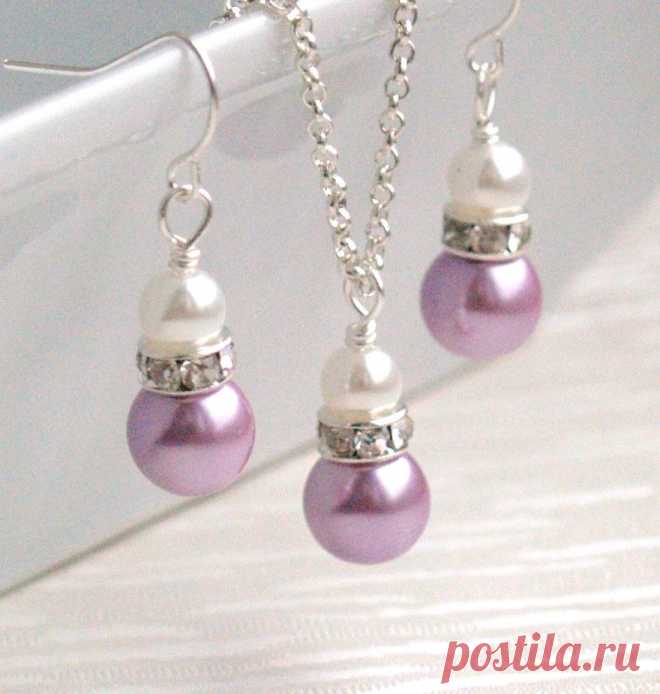 Bridesmaid Jewelry Set Purple bridesmaid set of necklace and earrings Glass pearl beads rhinestone spacers wedding party beaded jewelry.
