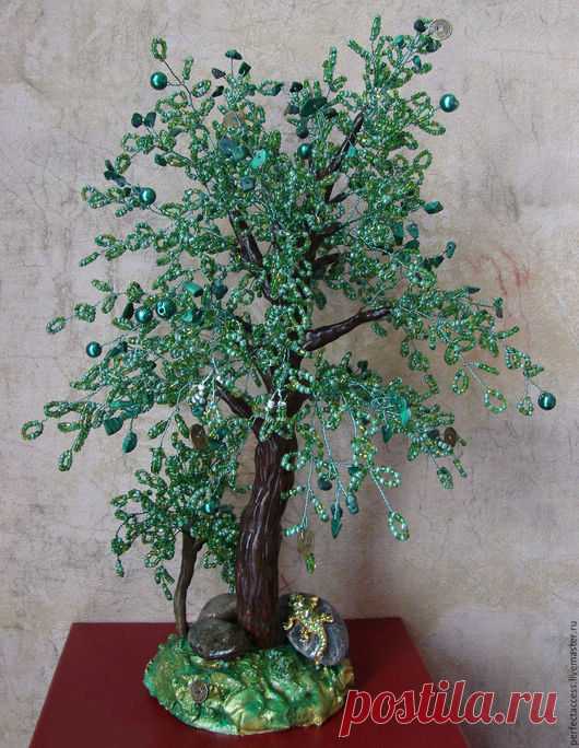 Купить Бонсай из бисера и камня малахит - зеленый, бонсай, бонсай из бисера, деревья из бисера