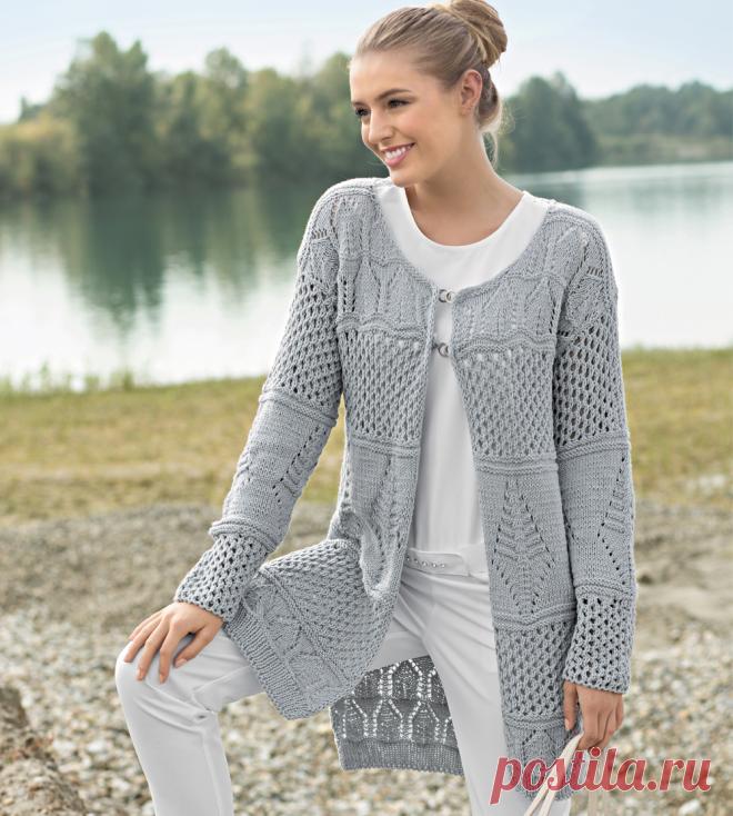 Удлиненный кардиган с сочетанием узоров - схема вязания спицами с описанием на Verena.ru