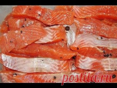 ГОРБУША МАЛОСОЛЬНАЯ "ПОД СЕМГУ". БЫСТРЕЕ НЕ БЫВАЕТ!
Как известно, горбуша - рыба довольно суховатая и постная. Но при таком способе засолки превращается в благородную семгу. Нежная, сочная! Готовится очень быстро и можно дегустировать уже через час.
Понадобится филе горбуши, порезанной на ломтики.
Если рыба мороженая, размораживать не надо. Мороженую рыбу резать легче - кусочки получаются аккуратнее
Сделать солевой раствор с холодной кипячёной водой, очень насыщенный. На 1л. 4 - 5 ст.л. соли