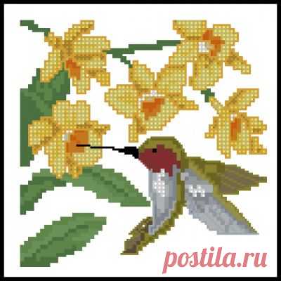схема для вышивки крестом Желтый цветок и колибри