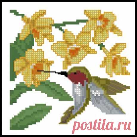 схема для вышивки крестом Желтый цветок и колибри