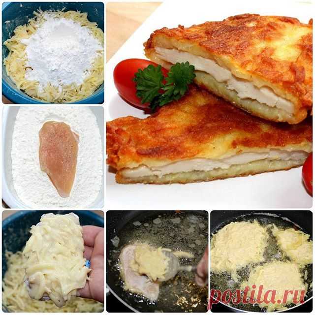 Куриное филе в картофеле. 
Отличный рецепт приготовления куриного филе в смеси из картофеля, яйца и муки. 
Ингредиенты 
500 гр. курица (филе грудки) 
650 гр. картофель 
1 шт. куриное яйцо 
3 зубчика чеснок 
300 мл. растительное масло 
по вкусу перец (белый молотый) 
по вкусу соль 
Инструкции 
1. Филе куриной грудки разрезаем на тонкие куски, солим и перчим. 
2. 
3. Картофель очищаем. 
4. Подготовленный картофель натираем или измельчаем в кухонном комбайне. 
5. В натертый к...