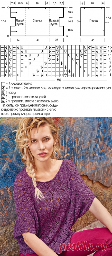 ​Джемпер‑пончо с ажурным узором - схема вязания спицами. Вяжем Джемперы на Verena.ru