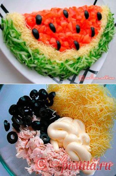Салат «Арбуз» с фото | с куриным филе и сыром
