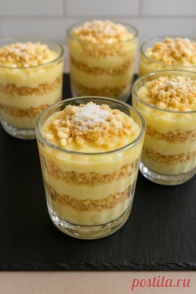 Когда мне лень — готовлю этот десерт!
«Наполеон» в стакане — просто пальчики оближешь! Съедают за 2 минуты
Для песочной крошки:
- Сливочное масло — 120 г
- Пшеничная мука — 180 г
- Сахар — 1,5 ст. л.
- Соль — щепотка

Для заварного крема:
- Молоко — 300 мл
- Сахар — 60 г
- Желтки — 2 шт.
- Пшеничная мука — 2 ст. л.
- Сливочное масло — 30 г

Приготовление песочной крошки:
1. Насыпьте муку в глубокую миску, добавьте сахар и щепотку соли.
2. Натрите холодное сливочное масло н...