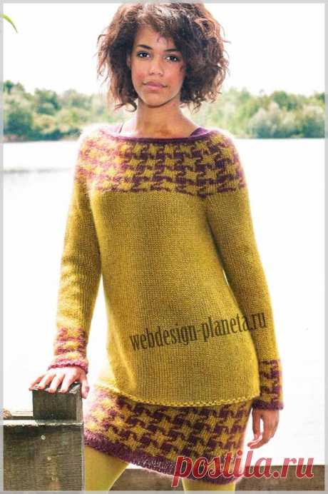 Пуловер и юбка спицами с жаккардовым узором Костюм из пуловера и юбки выполнен спицами из полушерстяной пряжи лицевой гладью с жаккардовым узором двух цветов на круглой кокетке, по низу рукавов и юбке, прекрасно дополняя спокойный тон в центре.