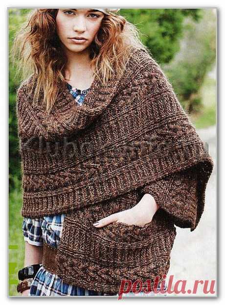 Вязание спицами. Меланжевое пончо-накидка с накладным карманом | Умелые ручки