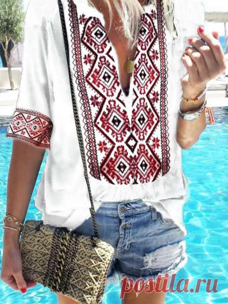 Ethnic Style Floral Print V-neck Short Sleeve Casual Blouse - US$26.99