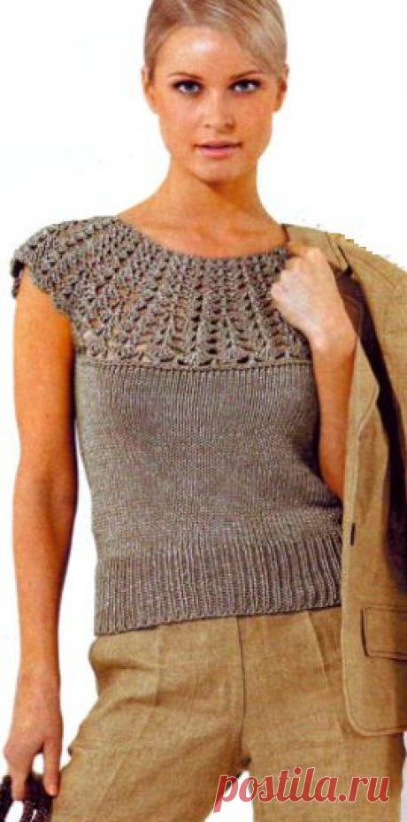 Топ с ажурной кокеткой. Вязание спицами и крючком | Умелые ручки