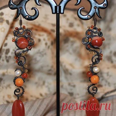 #серьги #медь патина #сердолик #цитрин #жемчуг Эту и другие работы можно заказать vk.com/kaffclub @_flamens_ #_flamens_  #etsy #etsyseller #etsyjewelry #jewelry #boho #bohochic #style #etsyflamens #vk #nightlife #youth #gift  #copper #earrings #cornelian #citrine #pearl #handemade #autumn #tenderness  #jewelry #red #orange #авторскиеукрашения