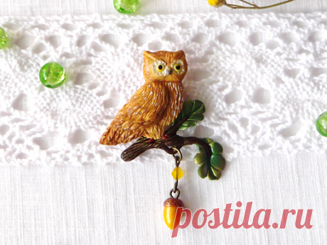 Подарок своими руками из полимерной глины: брошь «Сова на ветке»