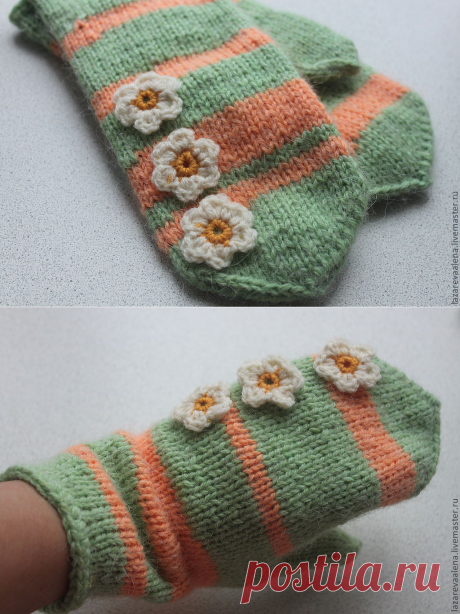 Купить Варежки &quot;Мята и персик&quot; - в полоску, вязаные варежки, 100% шерсть, ручная вязка