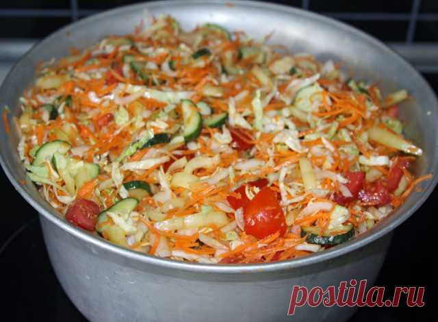 Это  ВКУСНЕЙШИЙ Рецепт, который я готовлю каждый год. 
Хорошо ИДЕТ как ЗАКУСКА и ставлю его на Стол на Все ТОРЖЕСТВА.

Ингредиенты 

1 кг капусты
1 кг моркови
1 кг лука
1 кг болг.перца
1 кг помидоров
1 кг огурцов
5 ч.л.соли
5 ст.л.сахара
1 ст.раст.масла
1 ст.уксуса 9 %
чеснок по желанию

Все нарезать соломкой,залить маслом, уксусом, засыпать песком и солью, перемешать и дать настояться 1 час.
Поставить варить,после того, как закипит, варить не больше 10 минут.
Разложить по...