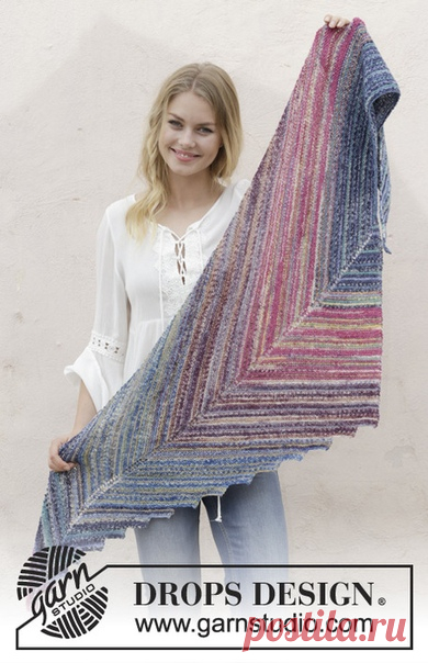 ШАЛЬ POINT THE WAY

Размеры: ок. 50 x 180 см
Вам потребуется: пряжа DROPS FABEL от Garnstudio:
50 г цвет 522, синий/бирюзовый
50 г цвет 161, розовый
50 г цвет 904, лаванда
50 г цвет 910, морской туман;
круговые спицы (60 или 80 см) № 4.5 мм.

Плотность вязания: 20 п. х 40 р. платочной вязкой = 10 см х 10 см.

Платочная вязка (вязание поворотными рядами): 1 платочный ряд = 2 ряда лицевых петель.

Полоски:
Примечание: цвет нити меняйте в конце лицевых рядов.
* Провяжите 12 с...