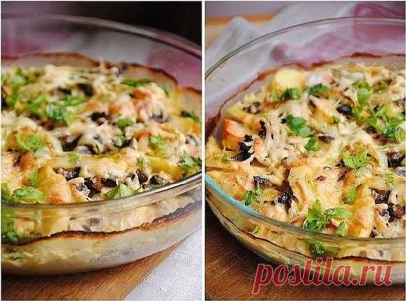 Картофельный гратен с курицей и грибами