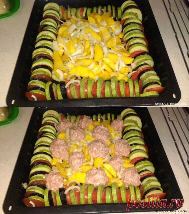 Картошка с овощами и фаршем в духовке
