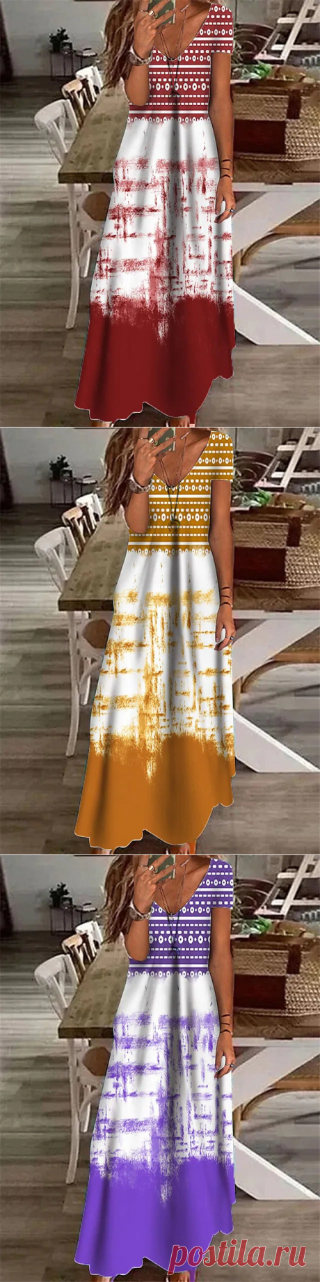 V-neck Casual Loose Tie-dye Gradient Resort Short Sleeve Maxi Dress - Cicicloth