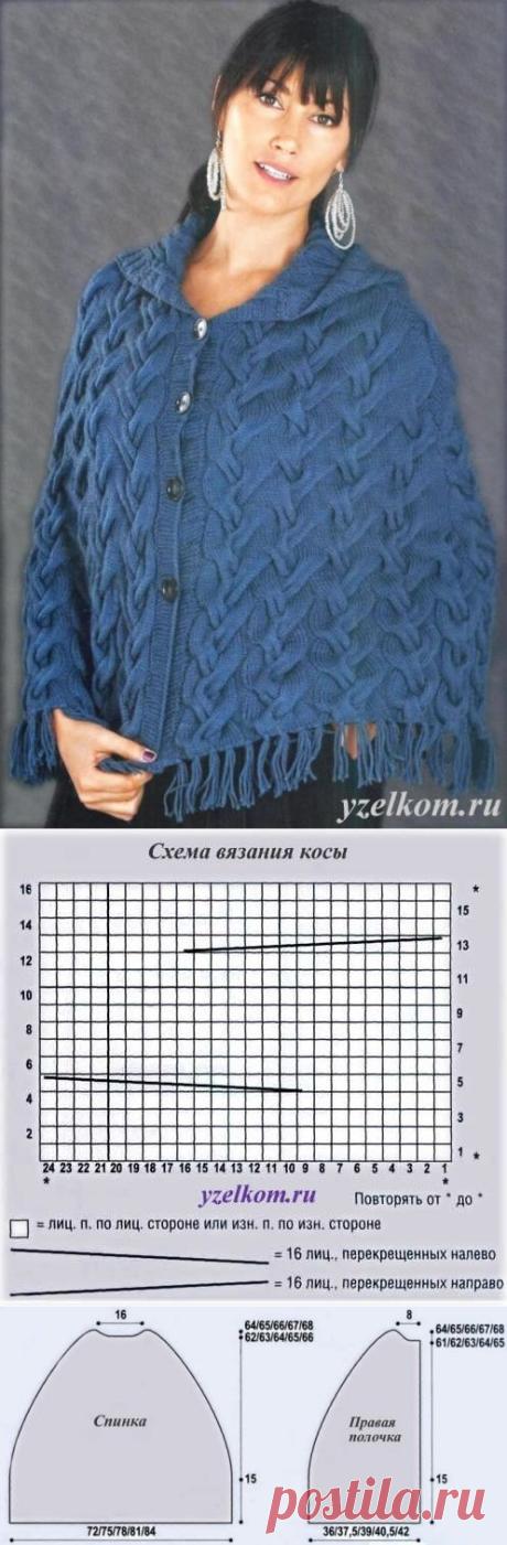 Пончо спицами с капюшоном