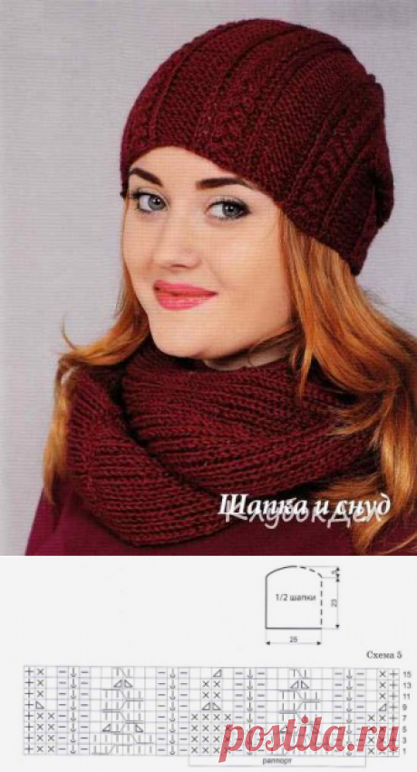 Шапка и снуд вишневого цвета. Вязание спицами схема и описание