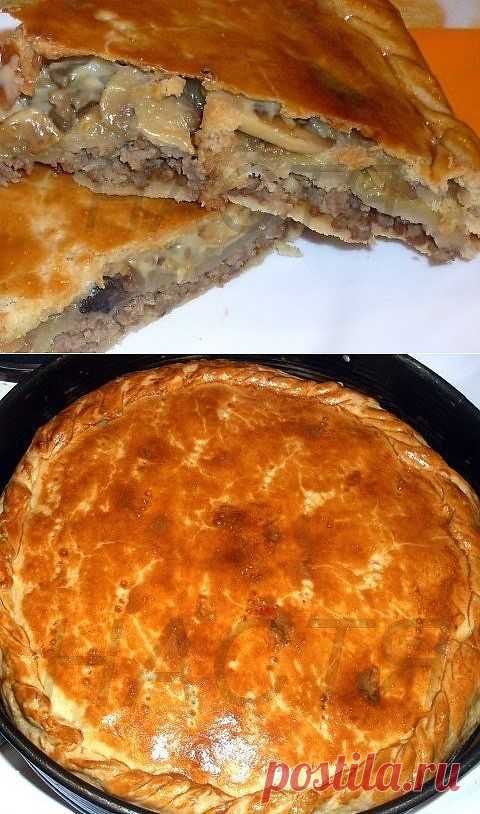 Пирог с мясом и грибами из пивного теста.
