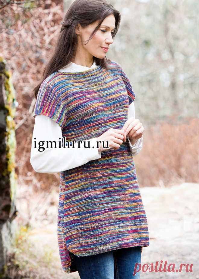 Шерстяная туника из разноцветной меланжевой пряжи. Вязание спицами