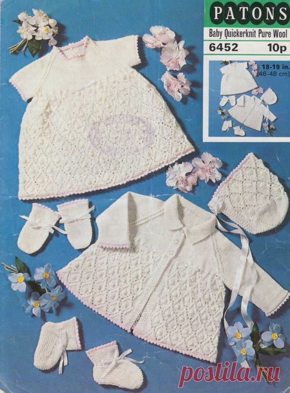 vintage baby knitting pattern for layette set booties dress bonnet matinee jacket and mittens bobble pattern This item is a PDF file of the knitting pattern for these gorgeous baby items.    A beautiful bobble pattern, very unusual. It is to fit size 18-19 inches.    The pattern will be available for download upon receipt of payment, for you to print out or read from your computer.    Traditional and beautiful, knit with quickerknit yarn, the modern equivalent would be dou...
