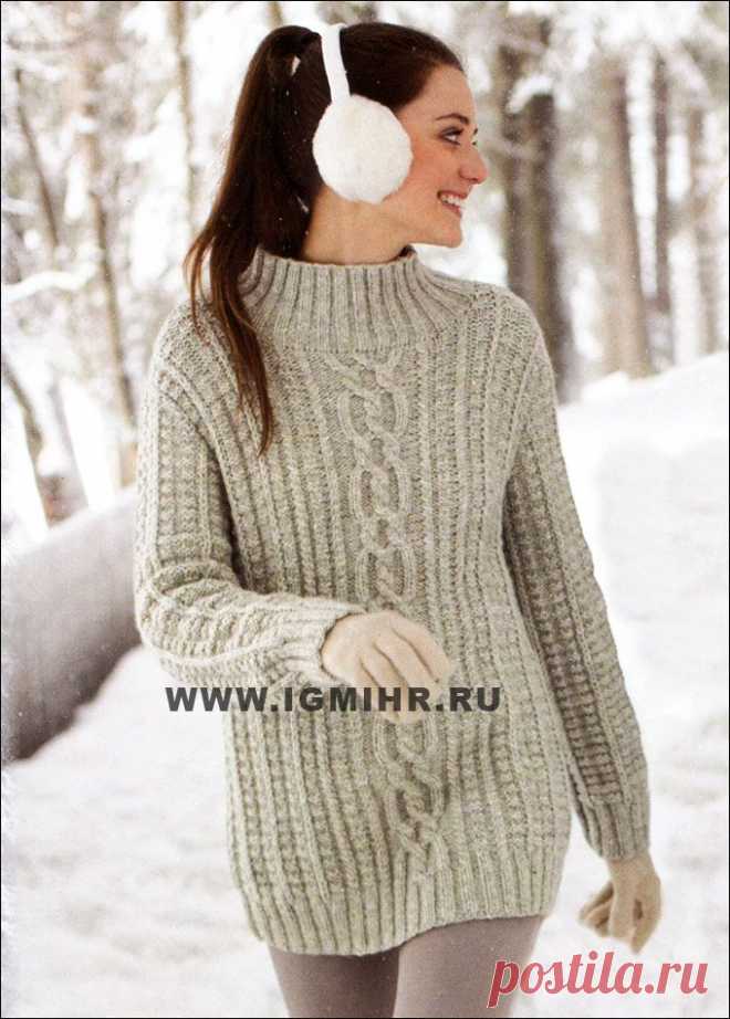 Классический пуловер из шерсти альпака, с косами и рельефной резинкой. Спицы