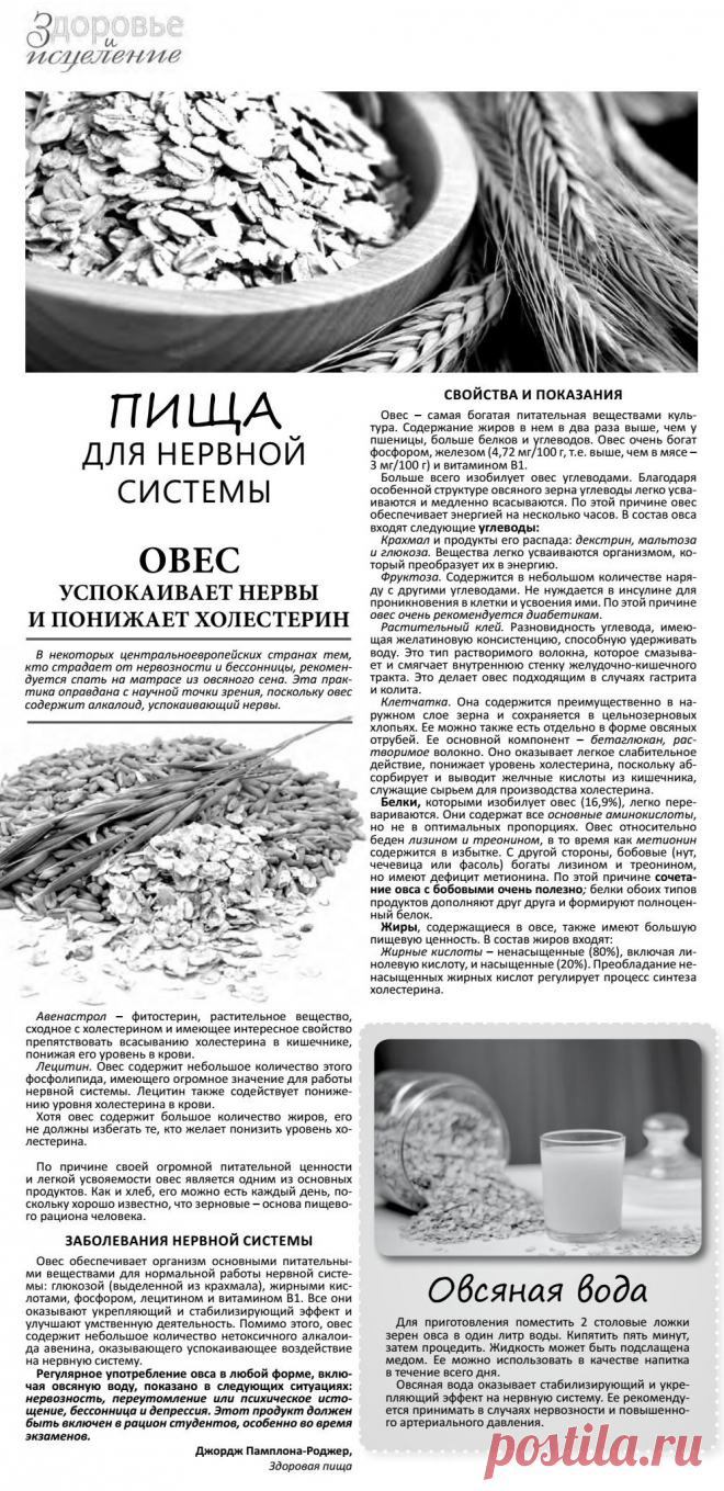 Пища для нервной системы. Овес успокаивает нервы и понижает холестерин