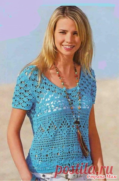Бирюзовая блузка с красивым сочетанием ажурных узоров. - Все в ажуре... (вязание крючком) - Страна Мам