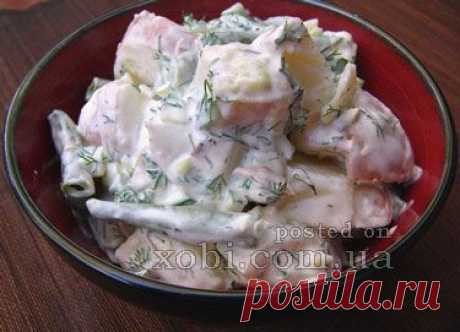 картофельный салат с зеленой фасолью и с соусом из йогурта и огурцов