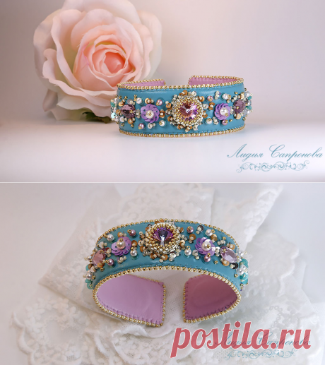 Купить Браслет Каприз - бирюзовый, цветочный, браслет из кожи, браслет, вышитый браслет, браслет на руку