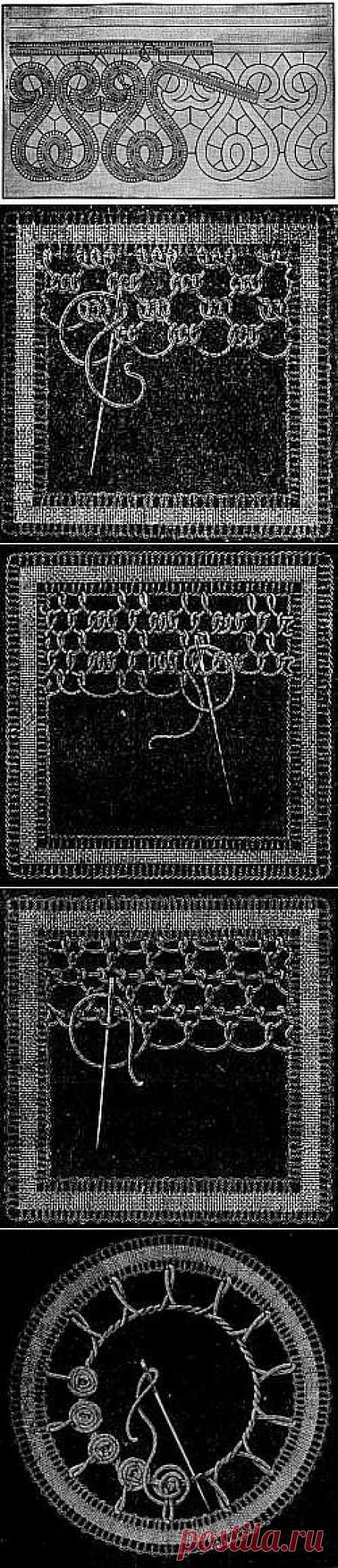 Irish Lace - Chapter XIII - Encyclopedia of Needlework, Irish lace materials, Irish lace patterns, tacking down the braids, bars of different kinds, Insertion stitches