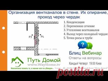Организация вентканалов в стене. Их опирание, проход через чердак