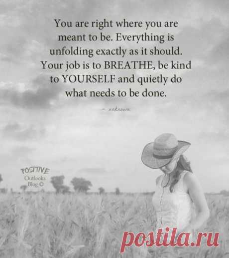 You are right where you are meant to be. Everything is unfolding exactly as it should. Your job is to BREATHE, be kind to YOURSELF and quietly do what needs to be done. — Unknown