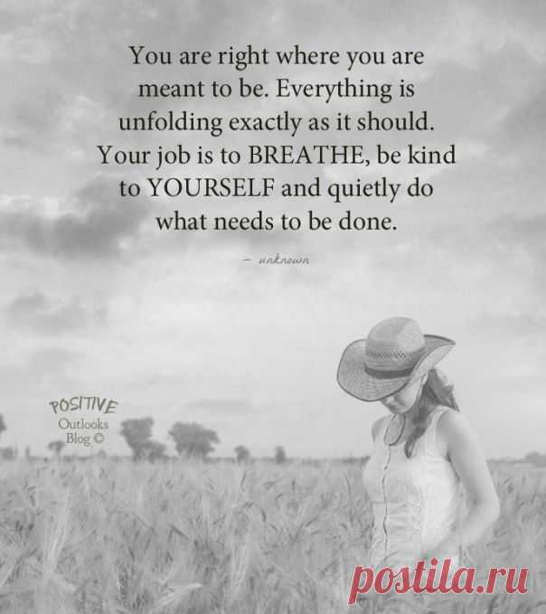 You are right where you are meant to be. Everything is unfolding exactly as it should. Your job is to BREATHE, be kind to YOURSELF and quietly do what needs to be done. — Unknown
