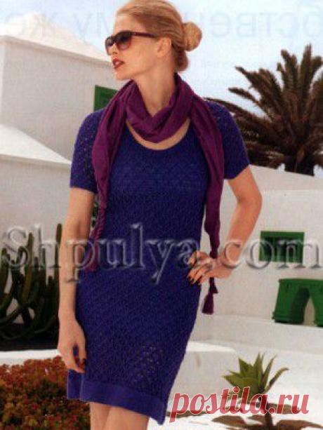Синее ажурное платье с коротким рукавом, вязаное спицами — Шпуля - сайт о вязании