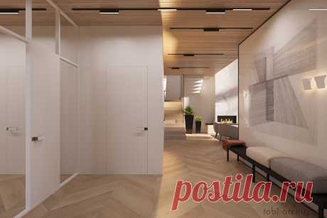 Теплый просторный интерьер нашего Modern House. Интерьер дома зачастую отличается от интерьера квартирного: в нем больше воздуха, пространство сложнее, экстерьер вступает во взаимосвязь с внутренним наполнением и влияет на него. За этим домом раскидывается шикарная панорама на овраг, которая просматривается через огромные витражные окна. Второй этаж объединен с гостиной двусветным пространством, таким образом идя к спальням, мы продолжаем видеть красивый вид из окон.