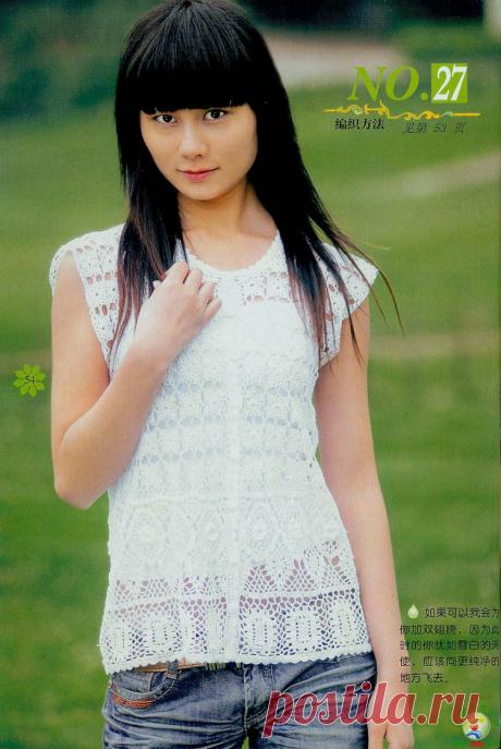 Белая блузка с узором ромбы. Кофточка филейной вязкой |