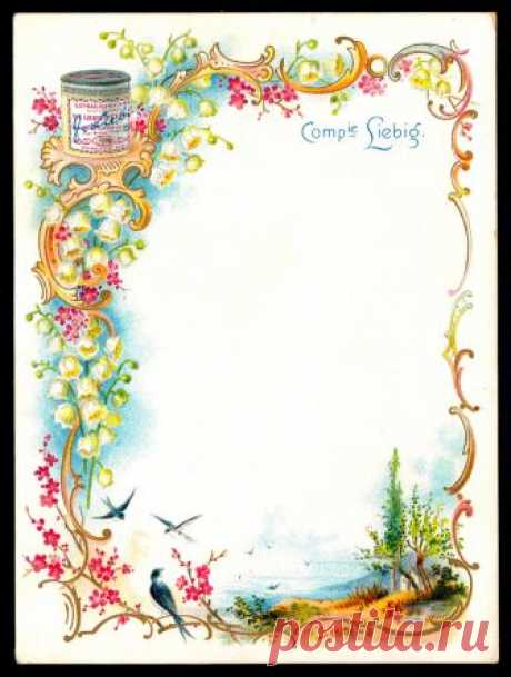 Liebig Tradecard T15 - Table Card, 1898 Liebig's Beef Extract "Floral Framework With Landscapes" - table card, French issue, 1898